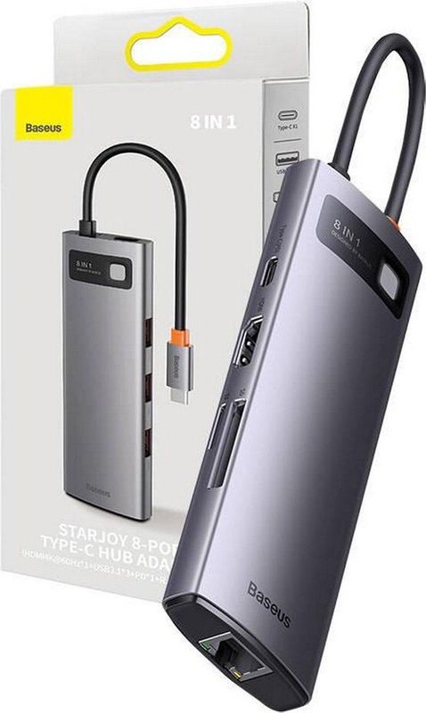 HUB - Baseus StarJoy - 8in1 USB-C Hub - Grijs - USB-C naar USB-C / 3x USB-A / HDMI / RJ-45 / SD TF
