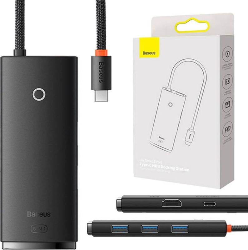 Baseus - WKQX080201 - Hub - Zwart - 5-PORT USB-C naar HDMI USB3.0X3 PD HUB