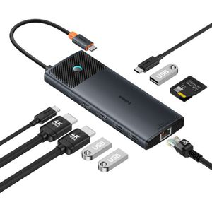 HUB - 10in1 - Baseus Metal Gleam-serie USB-C naar USB-C PD / USB-C / 3x USB-A / 2x HDMI / RJ-45 / SD / TF - zwart