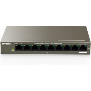 Tenda TEF1109P-8-63W - 8-poorts 10/100 Mbit/s desktopswitch met 8-poorts PoE, max. 58 watt, daarnaast 1x uplink, full duplex, metalen behuizing, 250 meter, plug & play