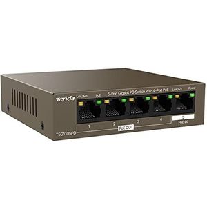 Tenda 5-poorts PoE-passthrough-switch zonder voeding, Gigabit PoE-voeding (1x PoE+-ingang en 4x PoE-uitgang, plug-and-play PoE-PD-switch, ventilatorloos, metalen behuizing) (TEG1105PD)