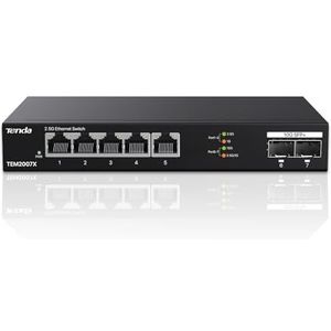 Tenda 2.5Gbit Switch mit 5X 2,5G Ports & 2X 10G SFP+ Ports, Unmanaged 2.5 Gigabit Ethernet LAN Switch (Plug-and-Play, Lüfterlos, Desktop-/Wandmontage, Metallgehäuse, Schwarz)(TEM2007X)