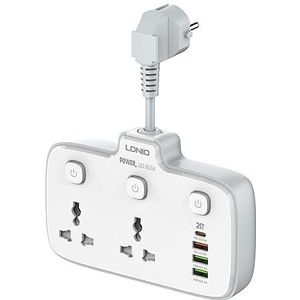 Powerstrip met 2 AC-aansluitingen, 3x USB, 1x USB-C LDNIO SC2413, EU/US, 2500W (wit)