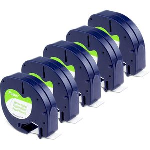 5x Dymo Compatible Letratag tape 91200 ((S0721510), 12mm x 4m Roll - Zwart Print op Wit