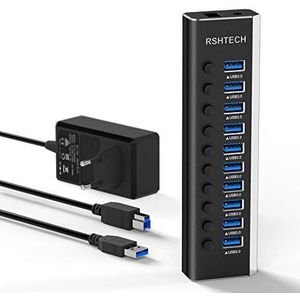RSHTECH USB 3.0 Hub met 36W (12V/3A) Voeding, Aluminium 10-Poorts USB 3.0 Hub voor Opladen en 5Gbps Gegevensoverdracht, USB 3.0 Multi-Port Splitter met LEDs, Aparte Schakelaar en Voeding (RSH-A10)