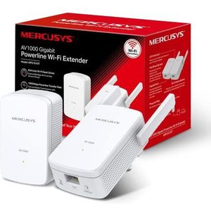 Mercusys CPL WiFi N 300 Mbps + CPL 1000 Mbps adapter, CPL WIFI behuizing met 1 Gigabit poort en geïntegreerd stopcontact, CPL wifi-stopcontact, 2 stuks – ideaal voor het genieten van multi-tv-service,