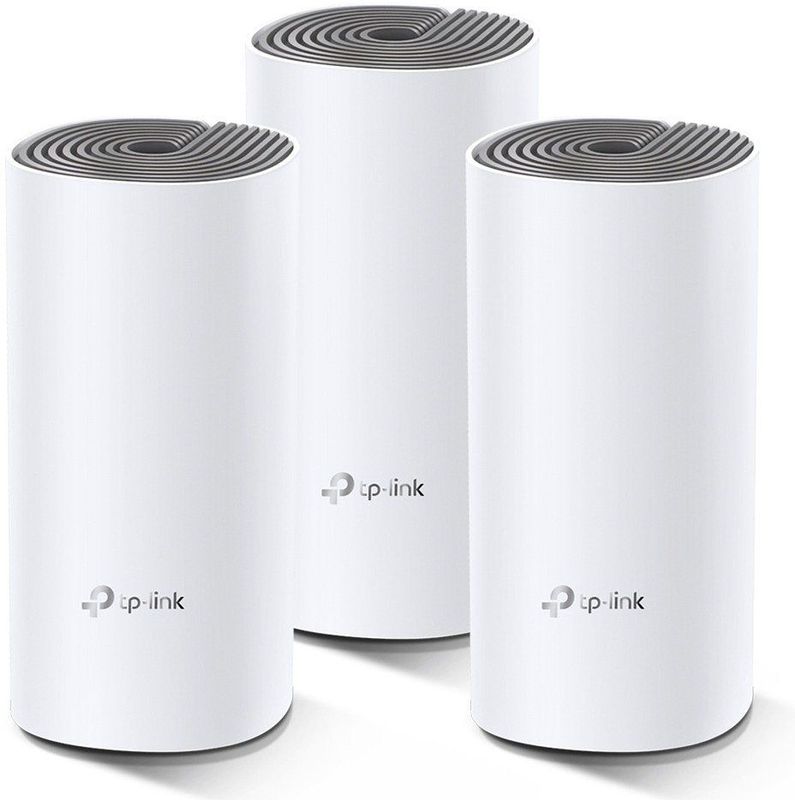 TP-Link Deco E4 Mesh WLAN Set (3er Pack), AC1200 Dual Band Router & Repeater (Reichweite bis zu 370m², ideal für große Häuser mit mehreren Geräten, 6X 100Mbit/s Ports) weiß