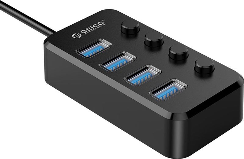 ORICO USB 3.0 hub met 4 poorten en aan/uit schakelaars - externe stroomaanvoer mogelijk - zwart