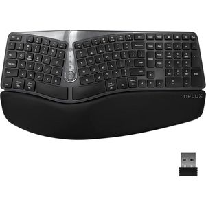 Delux GM901D Draadloos Ergonomisch Gesplitst toetsenbord - Bluetooth 4.0 + 2.4ghz - kunstlederen polssteun - QWERTY/US - Zwart