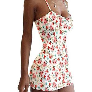 Yosemite Vrouwen Sexy Zomer Nachtclub Afdrukken Spaghetti Bandjes Bloemenprint Bodycon Party Mini Sling Jurk Strand Rok Beige XXXL