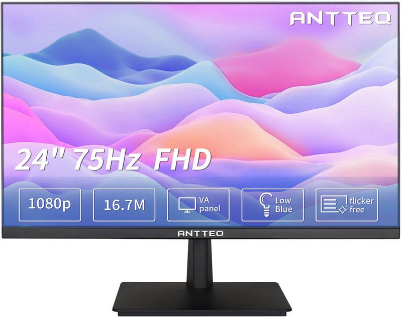 ANTTEQ- 24 Inch Monitor-Full HD 1080P- 75Hz VA-Computer Monitor 178° Kijkhoek -16.7M Kleuren met HDMI VGA Free Flicker Blue Light Filter- Ultra Slim Bezel LED-Zwart