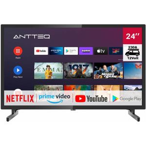 Antteq AG24N1C Android TV 24 inch (61 cm)Smart TV met 12V autoadapter, Google Assistant, Chromecast, Netflix, Prime Video, Google Play Store,Disney+, Wi-Fi, Triple Tuner, Android TV 11, 230V/12V