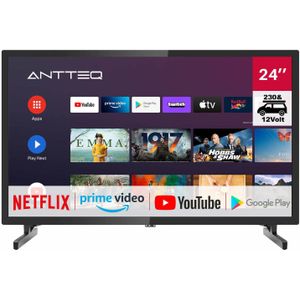 Antteq AG24N1C - Android Smart TV - 24 inch - met 12V (volt) autoadapter - Google Assistant - Chromecast - HDMI - USB - WiFi - Bluetooth - Dolby Audio - triple tuner (DVB-C/DVB-T2 / DVB-S2) - Android TV 11