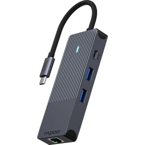 Rapoo UCM-2004 USB-C multipoort-adapter 8-in-1, 100W Power Delievery, 4K HDMI, 1 Gbps LAN, 1 USB-C en 2 USB-A 3.0-gegevenspoorten, Micro SD/SD geheugenkaartlezer, compatibel met MacBook Pro en meer