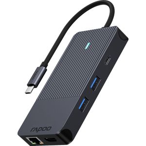 Rapoo 10-in-1 USB-C multipoort-adapter, 100 W voeding, 2 x 4K HDMI 1 Gbps LAN, 1 x USB-C en 2 x USB-A 3.0 data-aansluitingen, micro SD/SD-geheugenkaartlezer, AUX