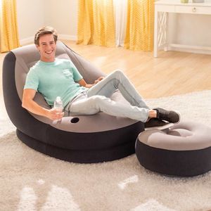 Intex - Opblaasbare Loungestoel - Blauw - Fluweel - Inclusief Poef