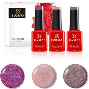 Bluesky gelnagellakset, 10e verjaardagscollectie, set 2, 3 x 5 ml, roze, paars, nude, pastel, fijne glitter (vereist uitharding onder uv- of ledlamp)