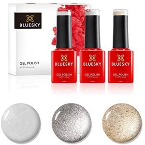 Bluesky Metallic Sheen Semi-Permanente Nagellakset, Silver Vip 80535/Silver Glitter A018/Goldfish A034. 3 x 5 ml glitter/zilver 1 stuk