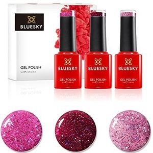 Bluesky gel nagellakset, roze confetti, Diamond Girl BLZ44, Barbie Pink Blz04, Scarlett Red BLZ35, 3 x 5 ml, glitter (vereist verharding onder UV of LED -lamp)