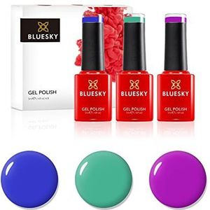 Bluesky gel nagellakset, Rainbow Unicorn, Percipitation DC112, Purple Pleasure Neon28, Blue Eyeshadow 80639, 3 x 5 ml, groen, turquoise (vereist uitharden onder UV of LED -lamp)