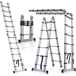 COOCHEER Telescopische ladder, 5 m, multifunctionele ladder, te gebruiken als aanleg- en schuifladder, dubbelzijdige sta- en trapladder, max. belastbaarheid 150 kg
