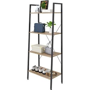 eSituro Heavy Duty 4-Tier Opbergplanken Ladder Boekenplank Industriële Boekenkast Rekken Unit Stand met Zwart Metalen Frame Licht Eiken Houten Planken 60x35x148CM SSTR0020