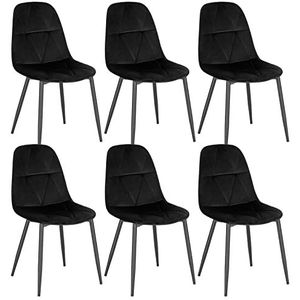 Lestarain Set van 6 eetkamerstoelen met rugleuning, keukenstoel met fluwelen bekleding, gestoffeerde stoel van metaal, ergonomische stoel voor eettafel, zwart LCNI109004-6