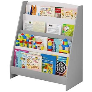 Lestarain kinderrek, 4 open, boekenkast, opbergrek voor kinderen, staande plank, kinderkamer, plank van MDF met kantelbeveiliging, wit+grijs