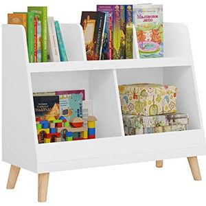 Lestarain Kinderplank, kinderkamerplank met 5 planken, kinderboekenplank, speelgoedorganisator, opbergrek voor kinderkamer, met poten van massief hout, 82x70x35cm, wit