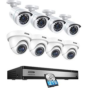 ZOSI 16CH bewakingscameraset, 8 1080P dome + bullet camera bewaking buiten systeem met 2TB HDD DVR, bewegingsalarm, IP66 waterdicht