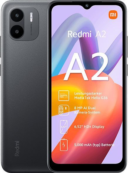 Xiaomi REDMI A2 2/32 GB, zwart, 6,5 inch display, ontgrendelde smartphone, 5000 mAh batterij, 32 GB ROM-geheugen, 2 GB RAM, Android 13, MediaTek Helio G36 processor