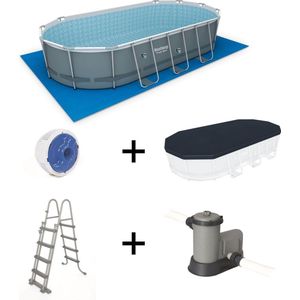 Zwembad groot compete kit BESTWAY – Spinelle 15m² grijs – ovaal zwembad met buizen 5x3 m, filterpomp, trap, afdekhoes