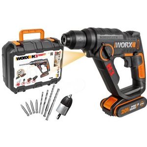 WORX WX390 Boorhamer SDS-plus – 20 V boormachine met pneumatisch hamerwerk voor schroeven, boren en hameren, 1,2 joule slagenergie – met 2,0 Ah Li-Ion accu, oplader en koffer