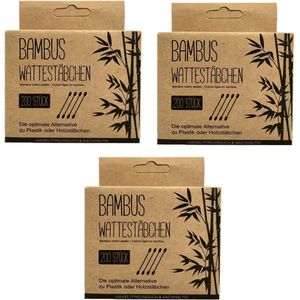 Bamboe wattenstaafjes - 3 x 200 stuks Ecologische houten oorstokjes - 100% biologisch afbreekbaar - Duurzaam en plastiek vrij - Milieu vriendelijk katoen - Stevige Bamboo pulp koker