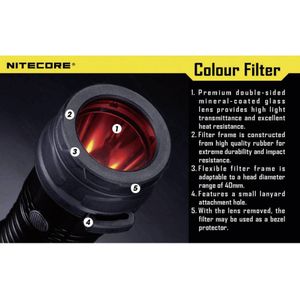 NiteCore NITNFR40 Kleurfilter MH25, EA4, P25, P16, P15, SRT7, CR6, CG6, CB6, CI6, CU6 en zaklampen met een Ø 39 - 42 mm Rood