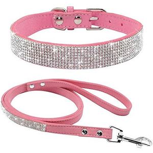 haoyueer Schattig, oogverblindend, sprankelend, elegant, chique, zacht suède, bling strass kristal, juwelen huisdier/kat/hond/puppy halsband, hondenriem, combo set (M, roze)