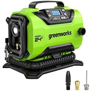 Greenworks G24IN Draagbare luchtcompressor, draadloze luchtpomp, 11 bar, lage of hoge druk, automatische uitschakeling, 3 adapters, slang 0,5 m, zonder accu of oplader 24 V, 3 jaar garantie