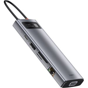 Baseus Metal Gleam Series 9-in-1 Hub with USB-C PD, HDMI, 3x USB 3.0, Ethernet RJ45, microSD/SD, and VGA Connectors