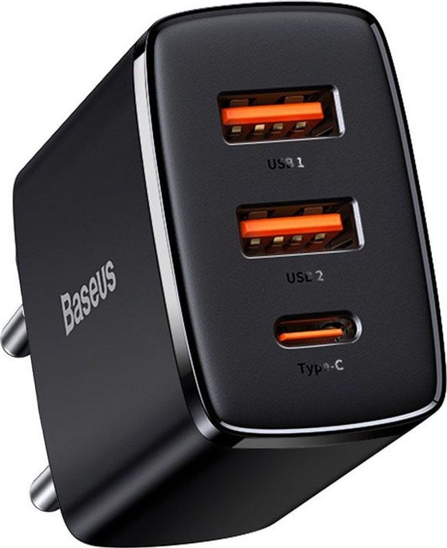Baseus Compact Schnellladegerät 30W - USB-C PD, 2xUSB - Schwarz