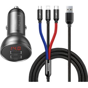 Baseus 24W Dual USB Digital Display Car Charger with 3-in-1 Cable (1.2M Black Suit Grey) and Three Primary Colors, 4.8A.