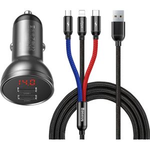 Baseus car charger with 24W display + 3in1 Three Primary Colors USB cable 1.2m