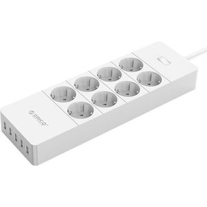 Orico - Stekkerdoos met acht stopcontacten en vijf USB-laadpoorten - Incl. aan/uit schakelaar en overspanningsbeveiliging - 4000W - Wit