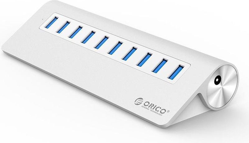 Orico - Aluminium 10 Poort USB 3.0 hub 5Gbps geschikt voor o.a. computer / laptop / MacBook / iMac - Zilver