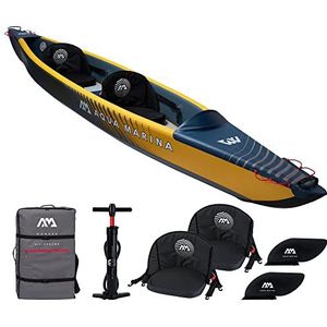 Aqua Marina Tomahawk, AIR-K hogedrukdruppelsteek Premium opblaasbare kajak, voor 2 personen, 440 cm lengte, marine/geel