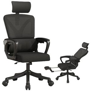 Bureaustoel, ergonomische bureaustoel met intrekbare voetsteun, in hoogte verstelbaar, ergonomisch ontwerp, draaibare computerstoel met hoofdsteun, armleuningen, lendensteun voor thuiskantoor,