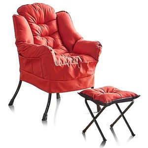 Valentigrl Moderne gestoffeerde luie stoel met Ottomaanse sofa stoel set met armleuningen zijvak leesstoel voor woonkamer slaapkamer rood katoen linnen + pedaal [computerstoel]