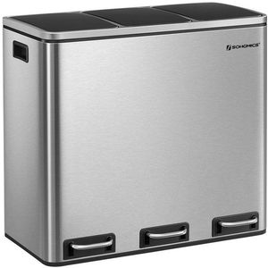 Songmics Prullenbak 54L - Pedaalemmer 3 Vakken - Roestvrij Staal - Afvalscheidingssysteem