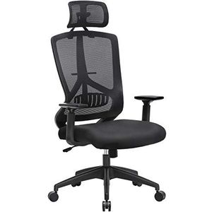 SONGMICS bureaustoel, verstelbare lendensteun, office chair, verstelbare hoofdsteun en armleuningen, belastbaar tot 150 kg zwart OBN53BK