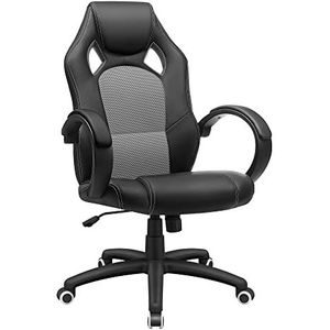 SONGMICS Bureaustoel, racestoel, comfortabel, in hoogte verstelbaar, met rugleuning kantelbaar, armleuning, hoofdsteun 360 graden draaibaar, kunstleer, zwart/grijs OBG56BG
