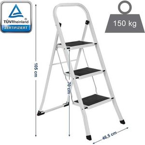 SONGMICS 3-sporten ladder, vouwladder, sportbreedte 20 cm, antislip rubber, met handvat, draagvermogen 150 kg, staal, GS-gecertificeerd, zwart en wit GSL03WT
